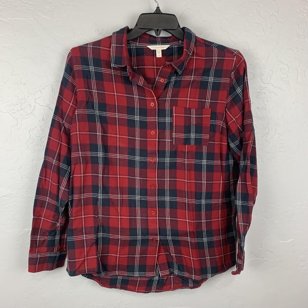 Garnet Hill Shirt Womens 12 Red Plaid Cotton Button Front Long Sleeve Casual
